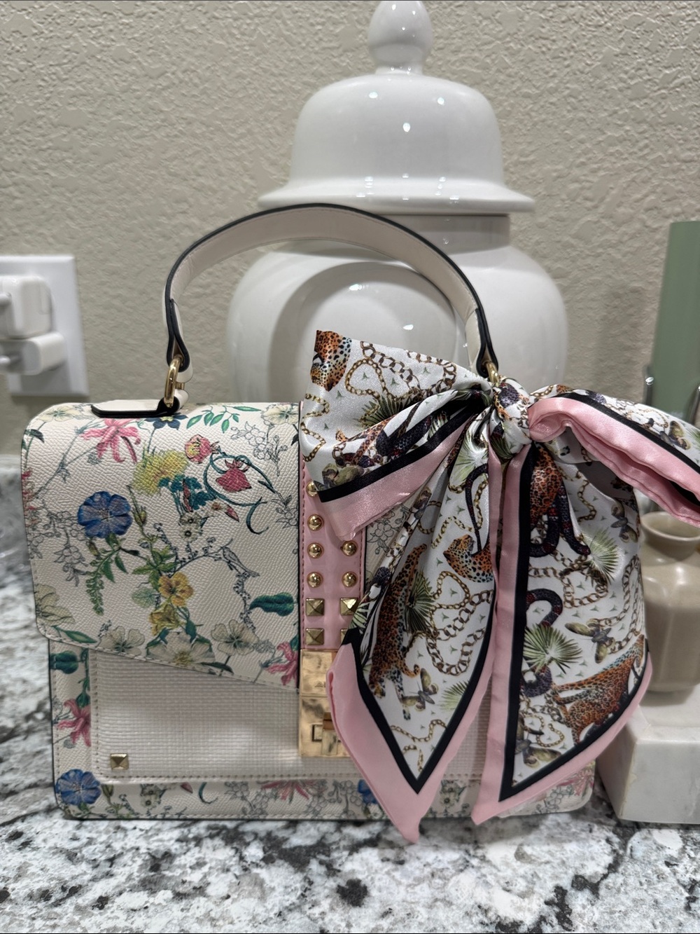 Aldo White and Pink Floral Satchel Bag